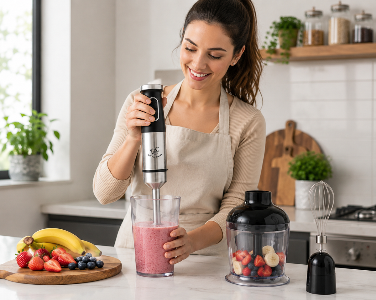 Royal Swiss Batidora de Mano 3 en 1 1000W – Minipimer con Picadora y Batidor de Varillas, Acero Inoxidable