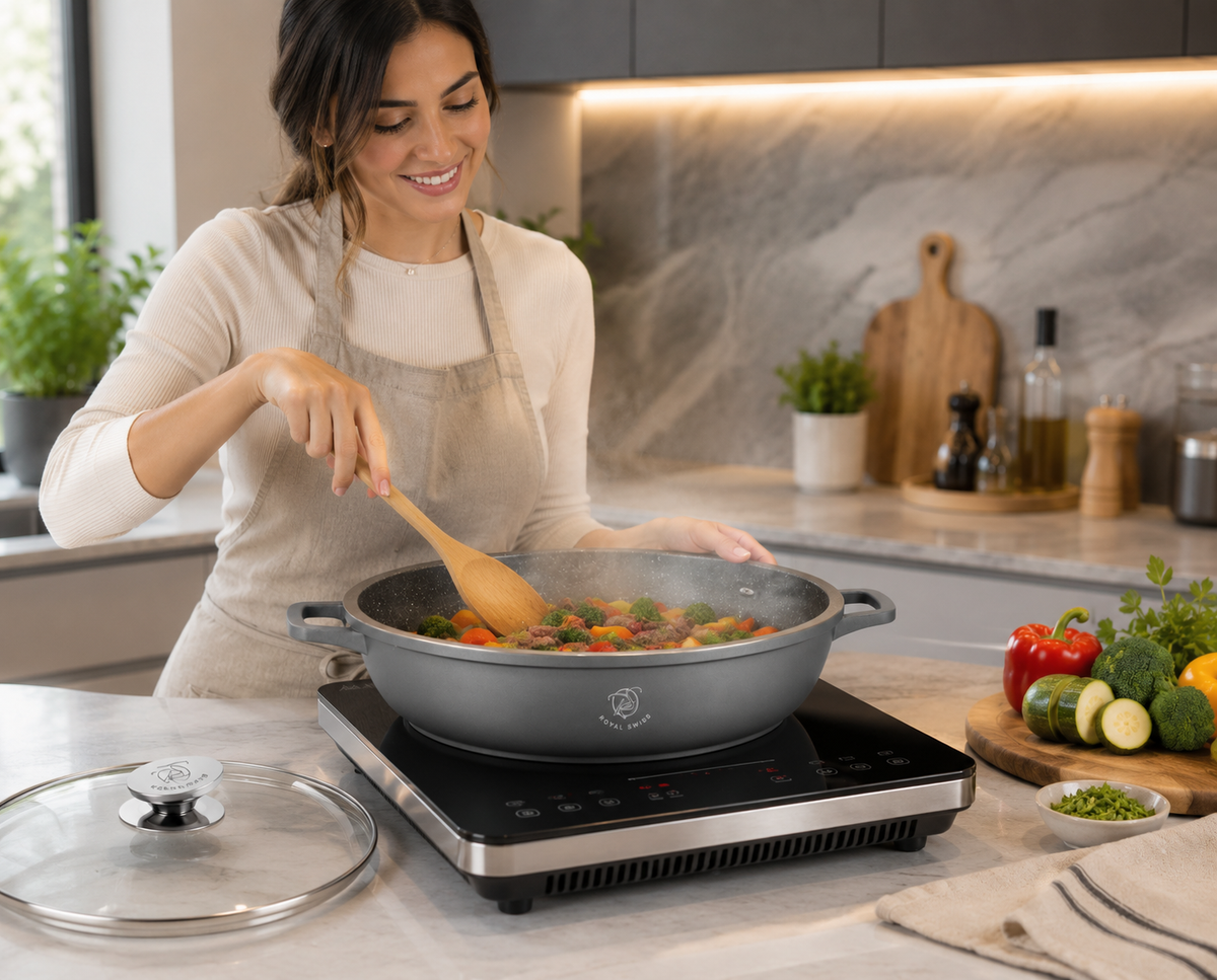 🔥 Cacerola Baja Royal Swiss de Gran Capacidad | Apta para Inducción 🧲🍳