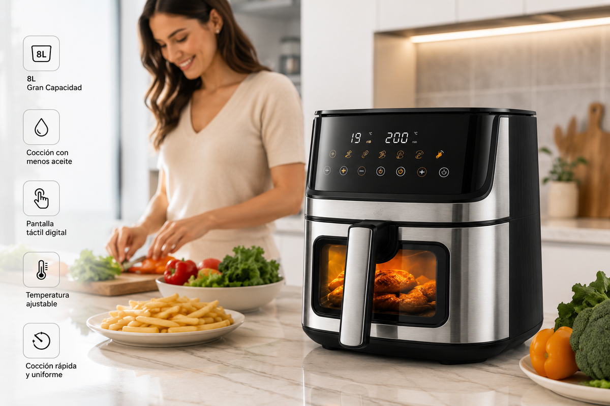 🔥 Freidora de Aire Royal Swiss XXL 8L | Ventana de Visualización y Panel Digital Táctil 🔥 Disfruta de comidas más saludables, crujientes y deliciosas para toda la familia con la comodidad de la tecnología Royal Swiss. 🍽️✨