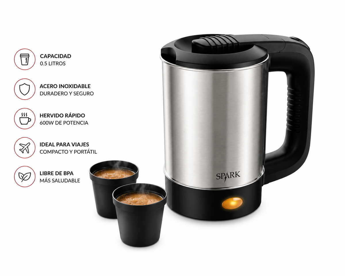 🔥 Hervidor Eléctrico de Viaje SPARK 0,5L | Compacto, Rápido y Libre de BPA 🔥 Disfruta de tus bebidas calientes favoritas en cualquier momento y lugar con total comodidad. ☕✨🌍