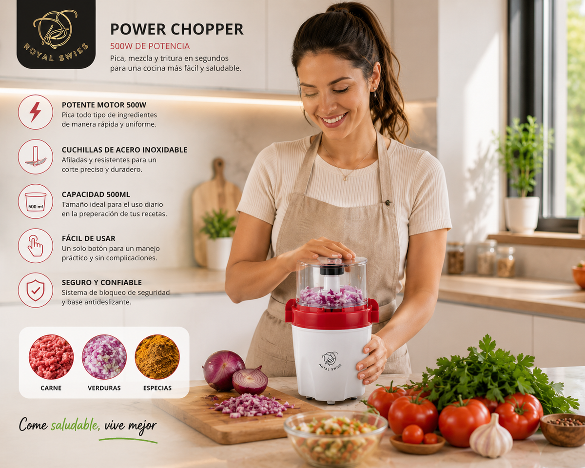 🔥 Picadora de Alimentos Royal Swiss Power Chopper 500W | Multifunción para Carne, Verduras y Especias 🔥