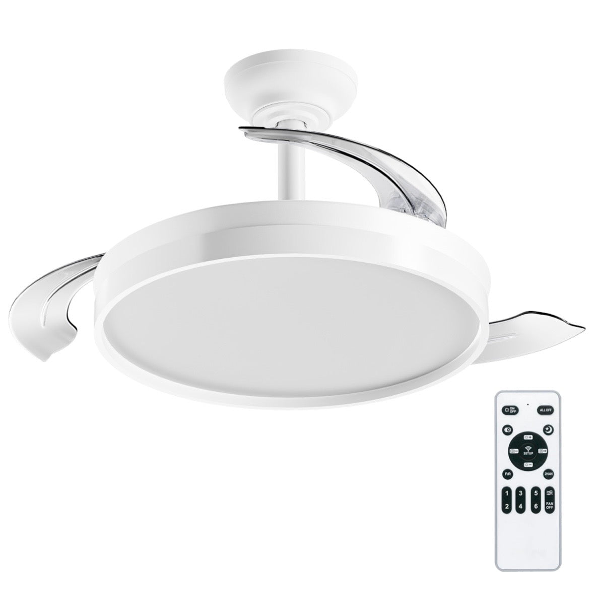 Ventilador de Techo LED Retráctil 72W con Control Remoto | 4 Aspas Automáticas, 6 Velocidades, Luz Regulable 3000K-6500K, Modo Verano/Invierno, Silencioso para Sala, Dormitorio y Oficina