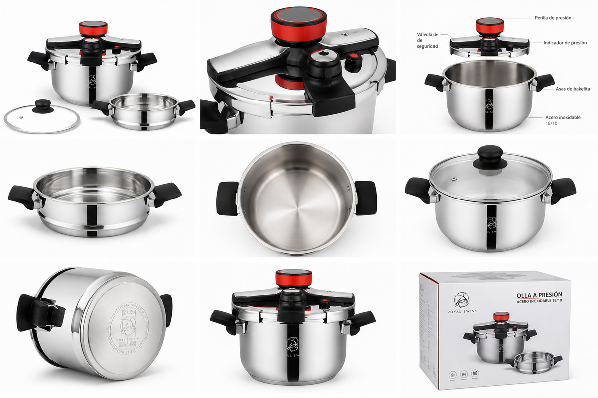 Olla a Presión MR kitchen automática de Acero Inoxidable para Inducción y Gas Incluye Cesta Vaporera y Tapa de Cristal Segura y de Bajo Consumo