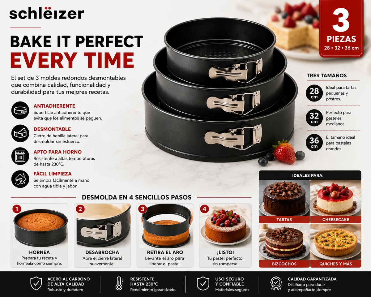 Pack de 3 Moldes Redondos Desmontables para Horno Antiadherentes | Acero al Carbono de Alta Calidad | 28, 32 y 36 cm | Repostería Profesiona