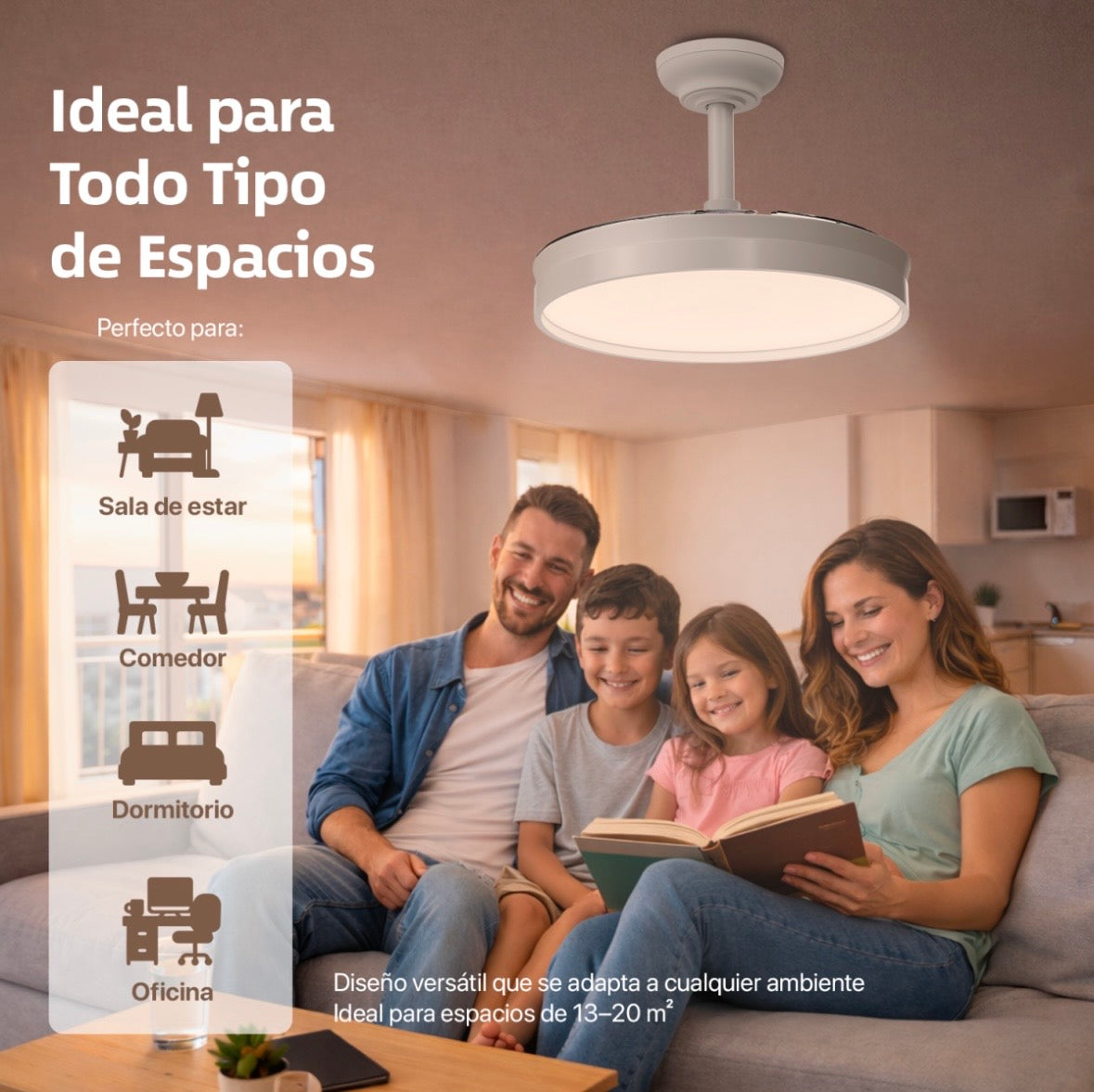 Ventilador de Techo LED Retráctil 72W con Control Remoto | 4 Aspas Automáticas, 6 Velocidades, Luz Regulable 3000K-6500K, Modo Verano/Invierno, Silencioso para Sala, Dormitorio y Oficina