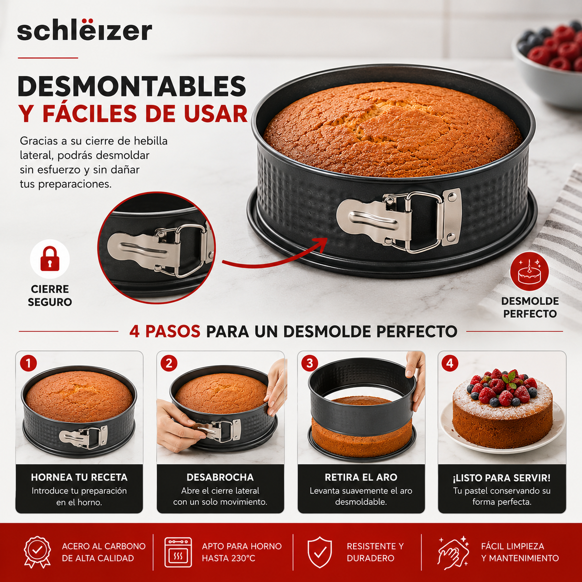 Pack de 3 Moldes Redondos Desmontables para Horno Antiadherentes | Acero al Carbono de Alta Calidad | 28, 32 y 36 cm | Repostería Profesiona
