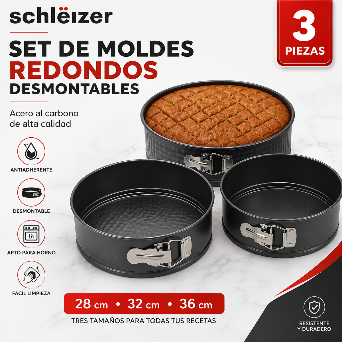 Pack de 3 Moldes Redondos Desmontables para Horno Antiadherentes | Acero al Carbono de Alta Calidad | 28, 32 y 36 cm | Repostería Profesiona