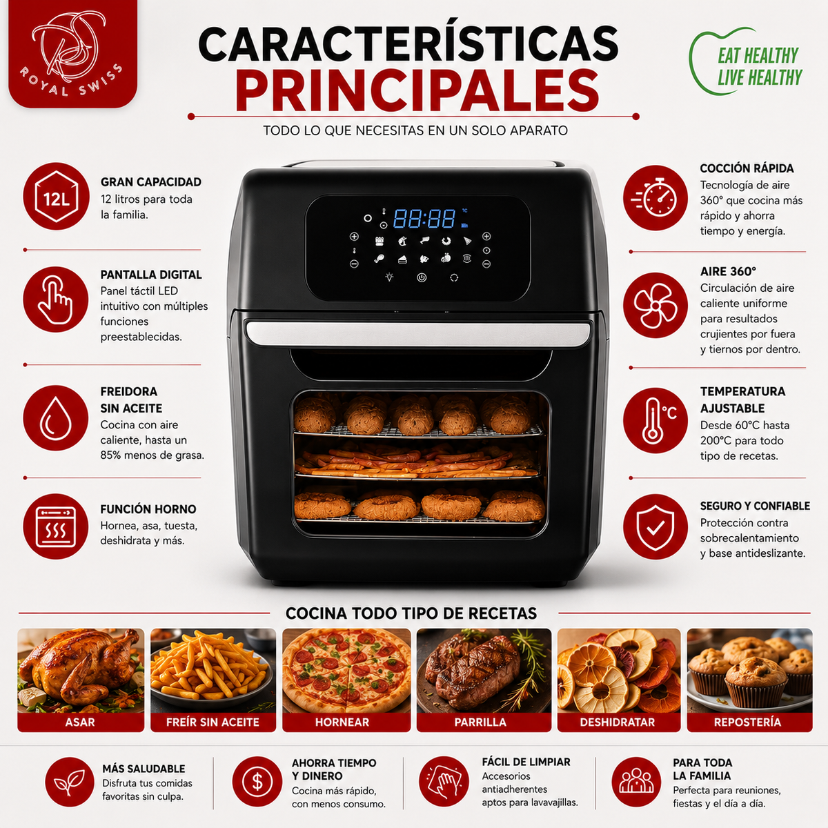 Freidora de Aire Horno 12 Litros Royal Swiss | 1800W | Pantalla Táctil Digital | Multifunción | Gran Capacidad | Bajo Consumo de Aceite