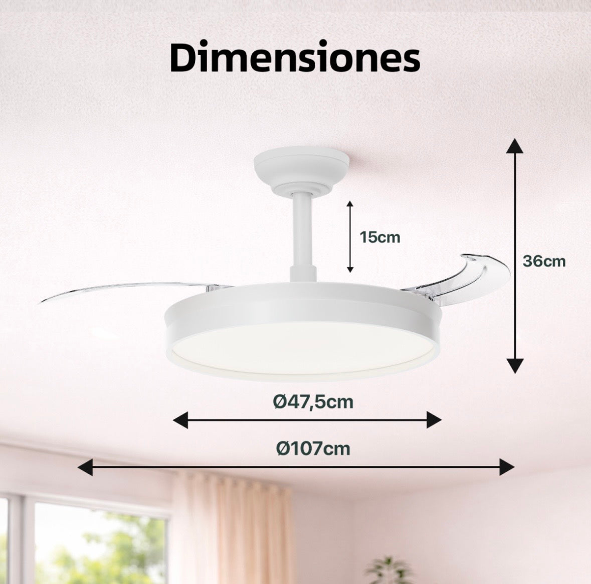 Ventilador de Techo LED Retráctil 72W con Control Remoto | 4 Aspas Automáticas, 6 Velocidades, Luz Regulable 3000K-6500K, Modo Verano/Invierno, Silencioso para Sala, Dormitorio y Oficina