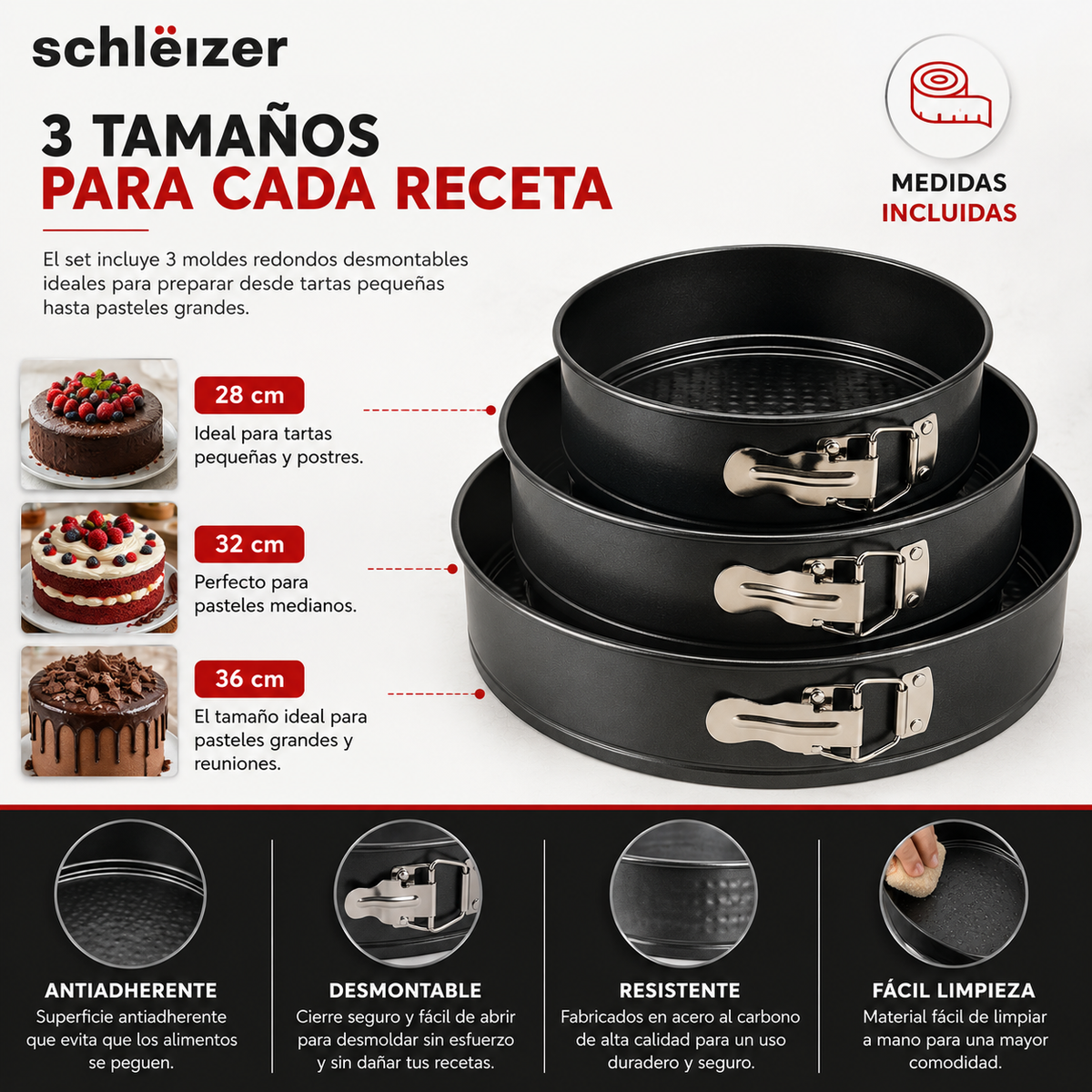 Pack de 3 Moldes Redondos Desmontables para Horno Antiadherentes | Acero al Carbono de Alta Calidad | 28, 32 y 36 cm | Repostería Profesiona