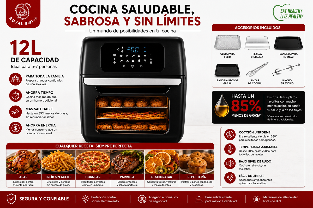 Freidora de Aire Horno 12 Litros Royal Swiss | 1800W | Pantalla Táctil Digital | Multifunción | Gran Capacidad | Bajo Consumo de Aceite