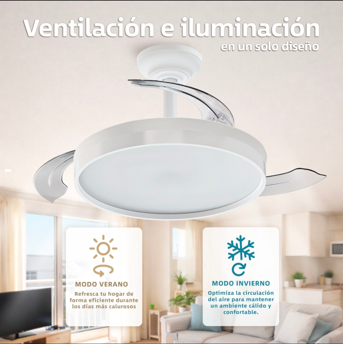 Ventilador de Techo LED Retráctil 72W con Control Remoto | 4 Aspas Automáticas, 6 Velocidades, Luz Regulable 3000K-6500K, Modo Verano/Invierno, Silencioso para Sala, Dormitorio y Oficina