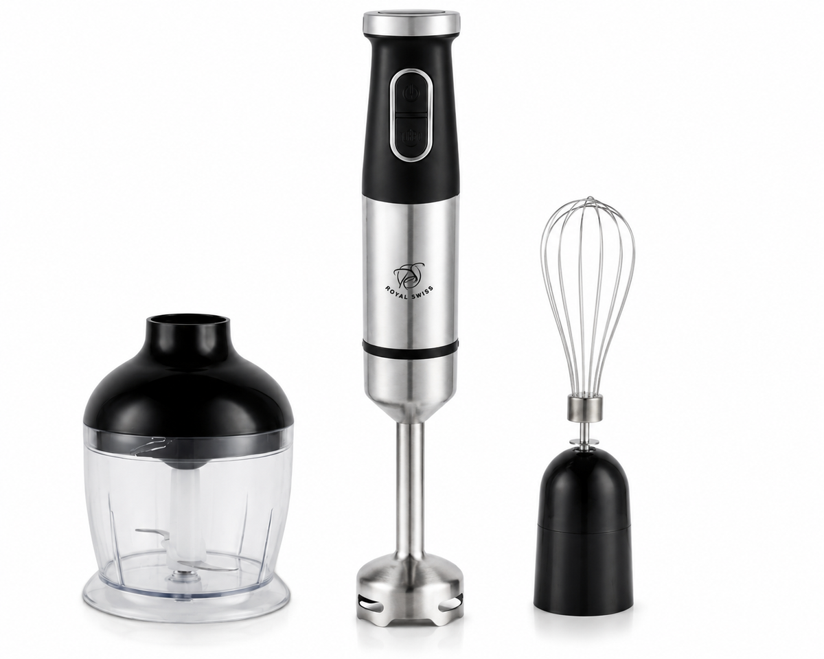 Royal Swiss Batidora de Mano 3 en 1 1000W – Minipimer con Picadora y Batidor de Varillas, Acero Inoxidable