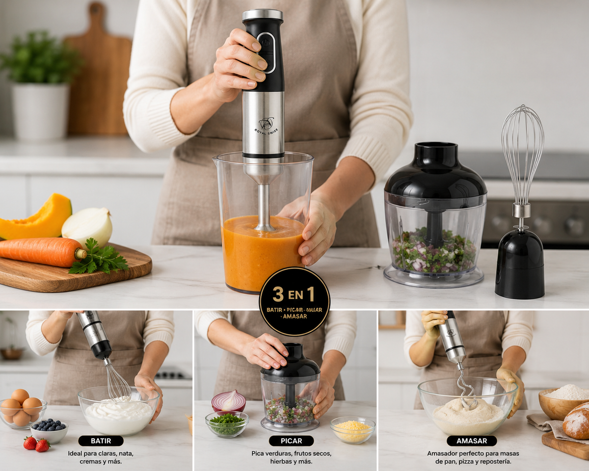 Royal Swiss Batidora de Mano 3 en 1 1000W – Minipimer con Picadora y Batidor de Varillas, Acero Inoxidable