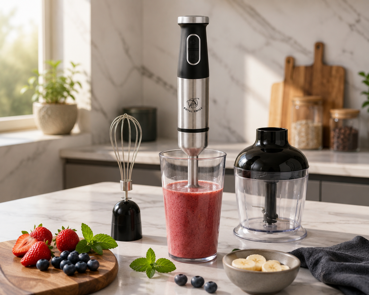 Royal Swiss Batidora de Mano 3 en 1 1000W – Minipimer con Picadora y Batidor de Varillas, Acero Inoxidable