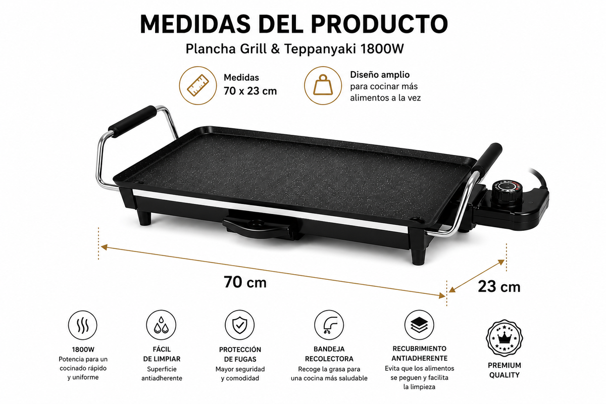 Plancha Grill & Teppanyaki Royal Swiss 1800W | Antiadherente | Disponible en 70 x 23 cm y 90 x 23 cm