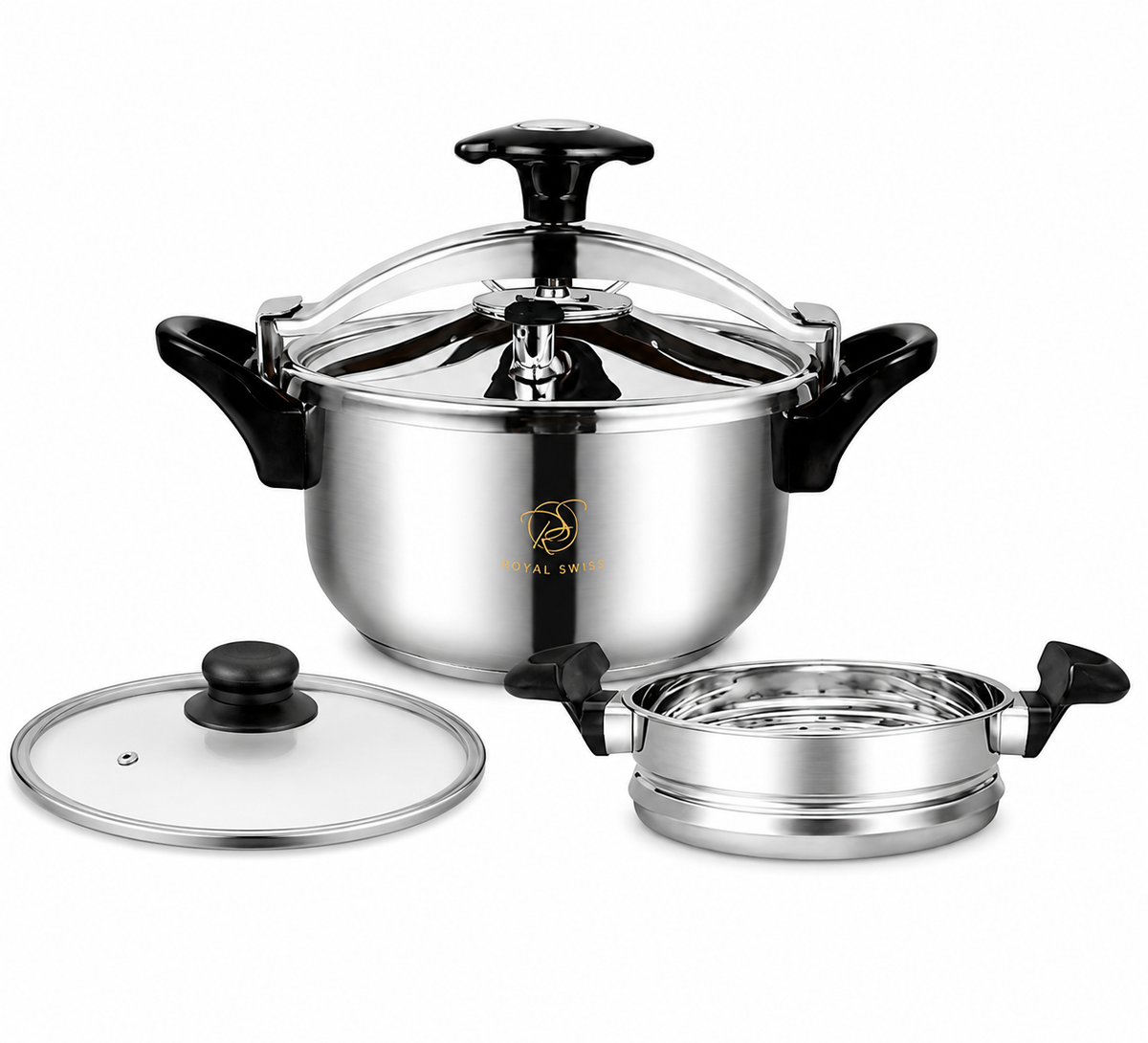 🔥 Olla a Presión Royal Swiss RS-CSA-10 | Acero Inoxidable con Tapa de Vidrio y Vaporera 🔥