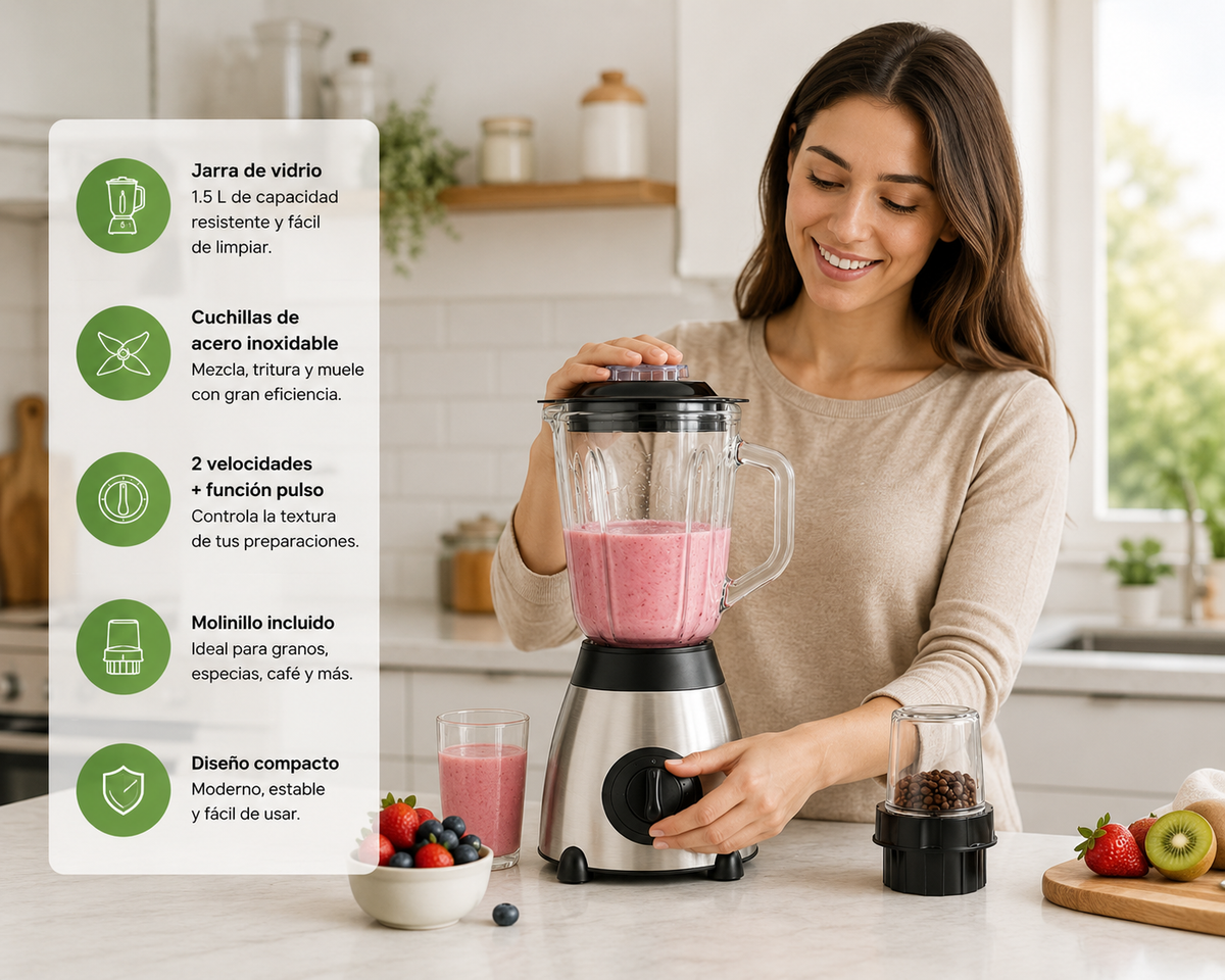 🔥 Licuadora de Vidrio 2 en 1 COMFY NEST 1200W | Jarra 1,5L + Vaso 0,4L y 5 Velocidades 🔥  Potencia profesional, máxima versatilidad y resultados perfectos en cada preparación. 🥤✨