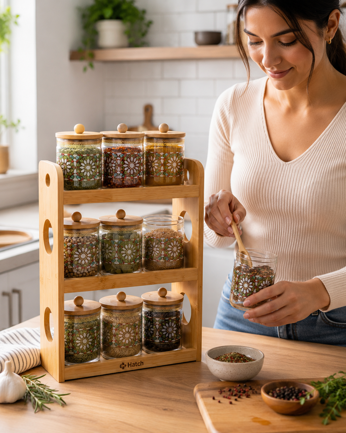 🔥 Set de Especieros Decorativos 9 Piezas | Frascos de Vidrio con Tapas de Bambú y Soporte Incluido 🔥  La combinación perfecta de organización, elegancia y funcionalidad para mantener tu cocina siempre impecable. 🌿✨🏡