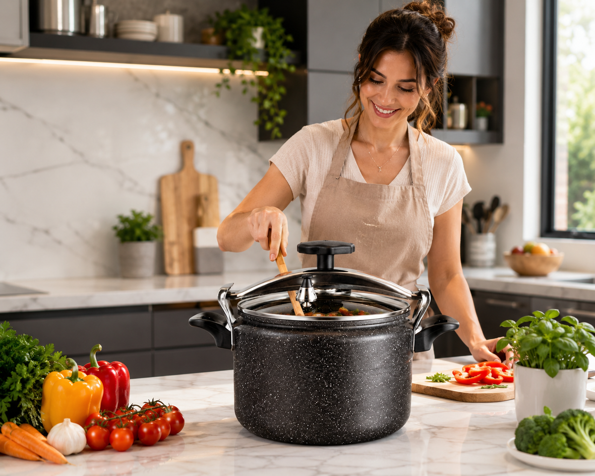 🔥 Olla a Presión de Aluminio Efecto Granito | Cocción Rápida, Segura y Duradera 🔥  La combinación perfecta de resistencia, elegancia y rendimiento para preparar tus mejores recetas. 🍽️✨👨‍🍳