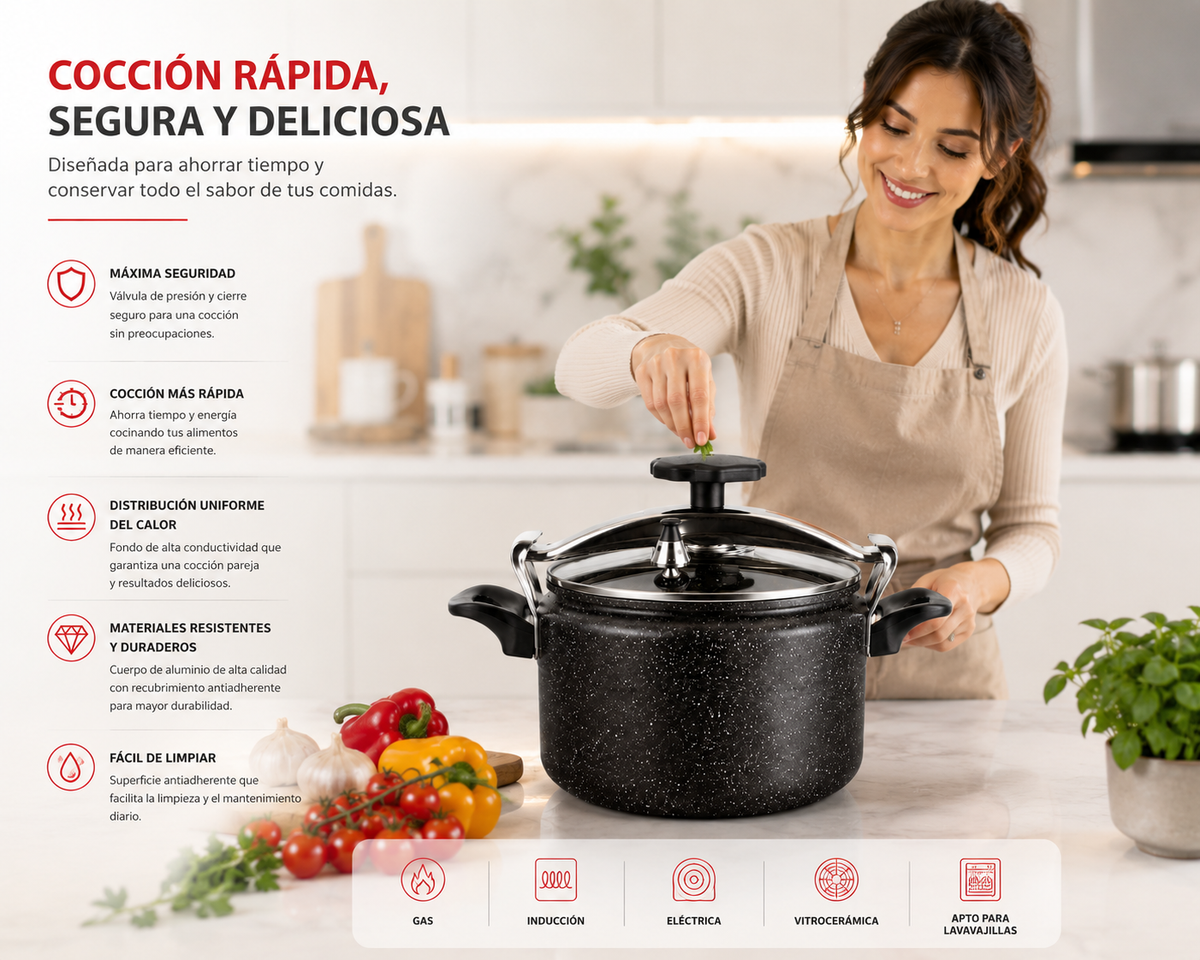 🔥 Olla a Presión de Aluminio Efecto Granito | Cocción Rápida, Segura y Duradera 🔥  La combinación perfecta de resistencia, elegancia y rendimiento para preparar tus mejores recetas. 🍽️✨👨‍🍳