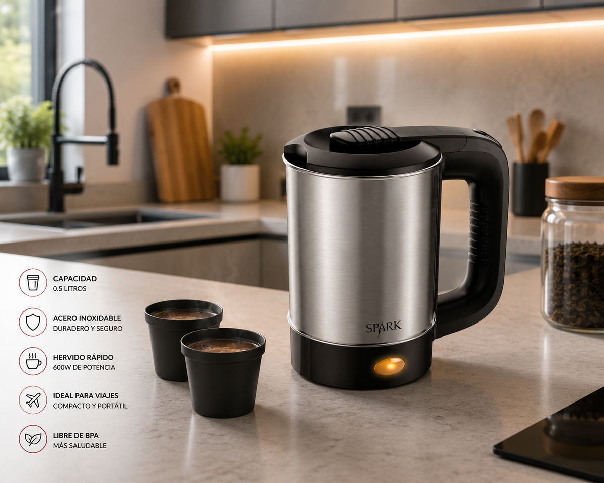 🔥 Hervidor Eléctrico de Viaje SPARK 0,5L | Compacto, Rápido y Libre de BPA 🔥  Disfruta de tus bebidas calientes favoritas en cualquier momento y lugar con total comodidad. ☕✨🌍