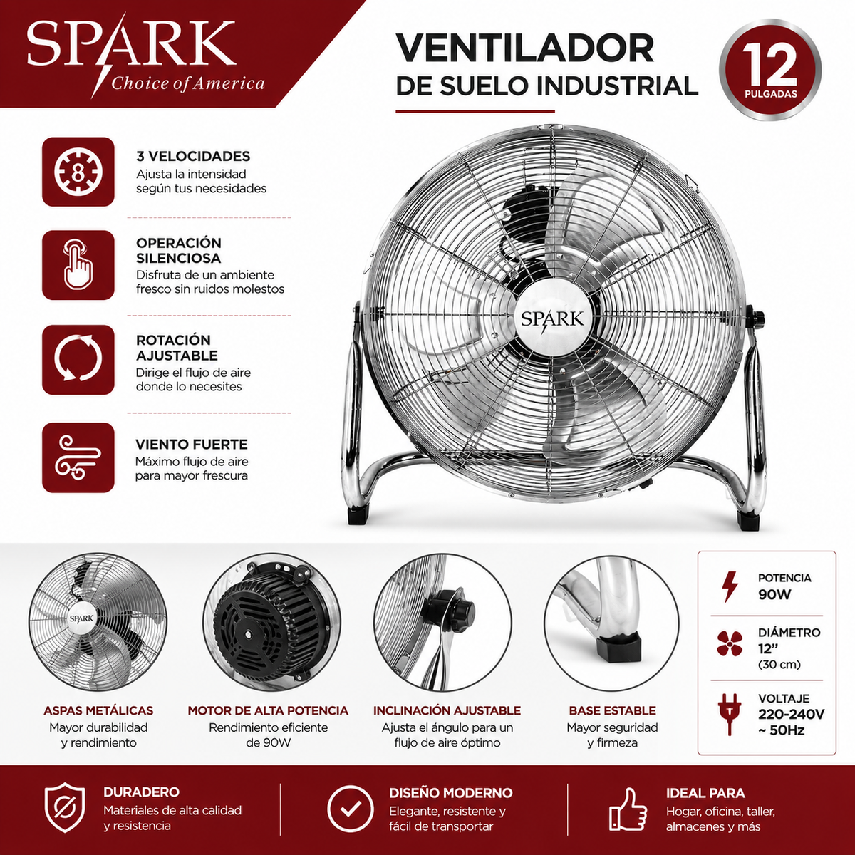 Ventilador de Suelo Industrial SPARK 12" | 3 Velocidades | Operación Silenciosa | Inclinación Ajustable | Potente Flujo de Aire
