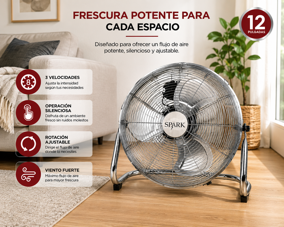 Ventilador de Suelo Industrial SPARK 12" | 3 Velocidades | Operación Silenciosa | Inclinación Ajustable | Potente Flujo de Aire