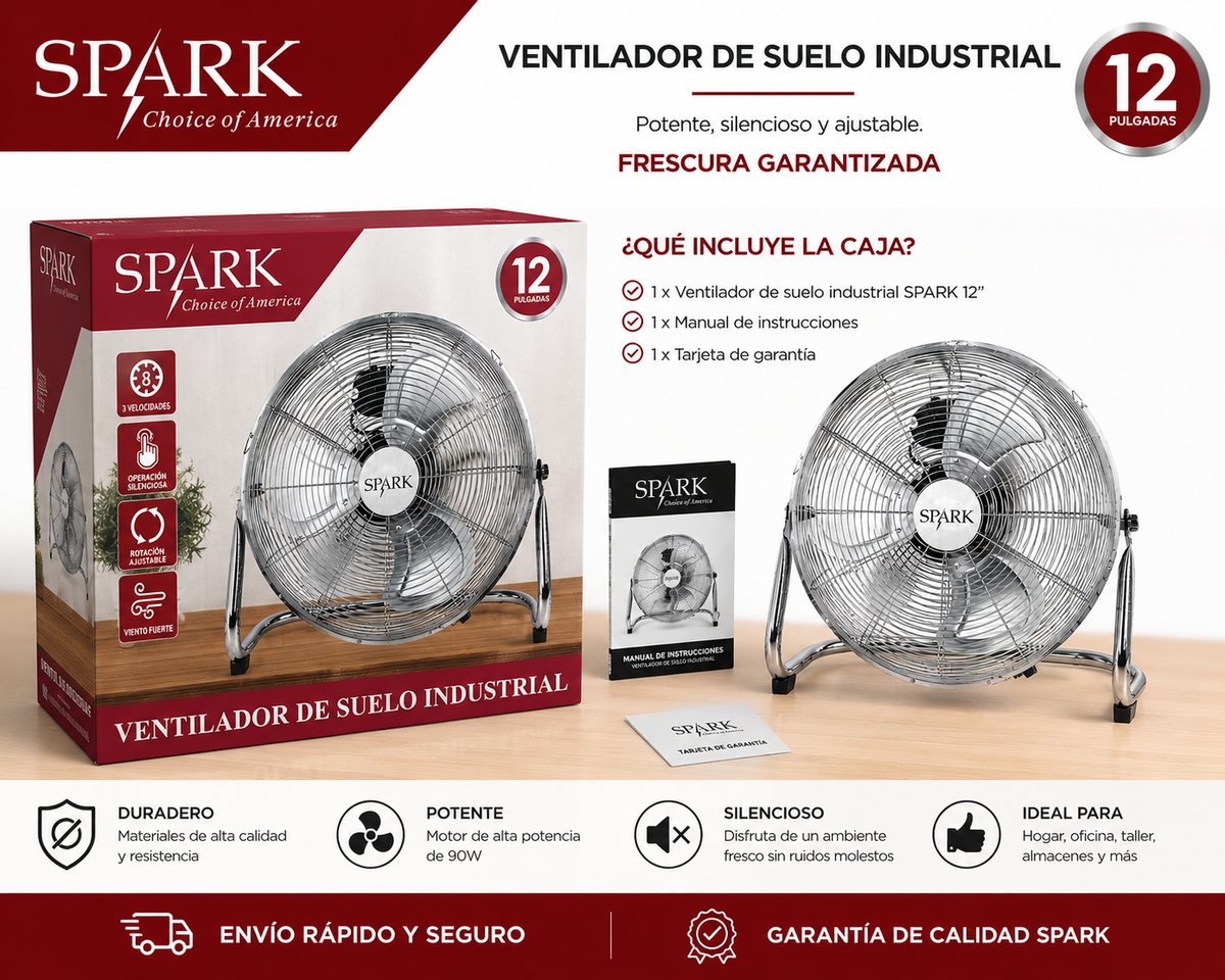 Ventilador de Suelo Industrial SPARK 12" | 3 Velocidades | Operación Silenciosa | Inclinación Ajustable | Potente Flujo de Aire