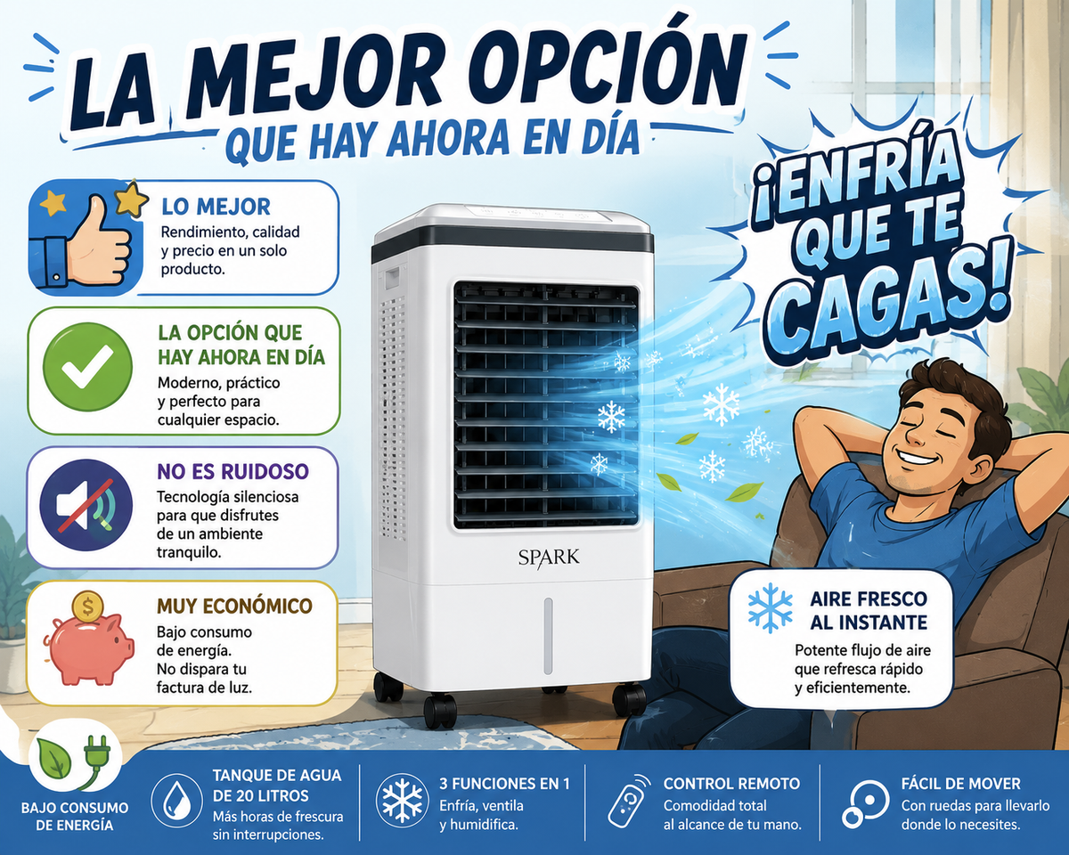 ❄️ Climatizador Portátil SPARK 3 en 1 | Enfría, Ventila y Humidifica | Bajo Consumo | Silencioso | 20L + Mando