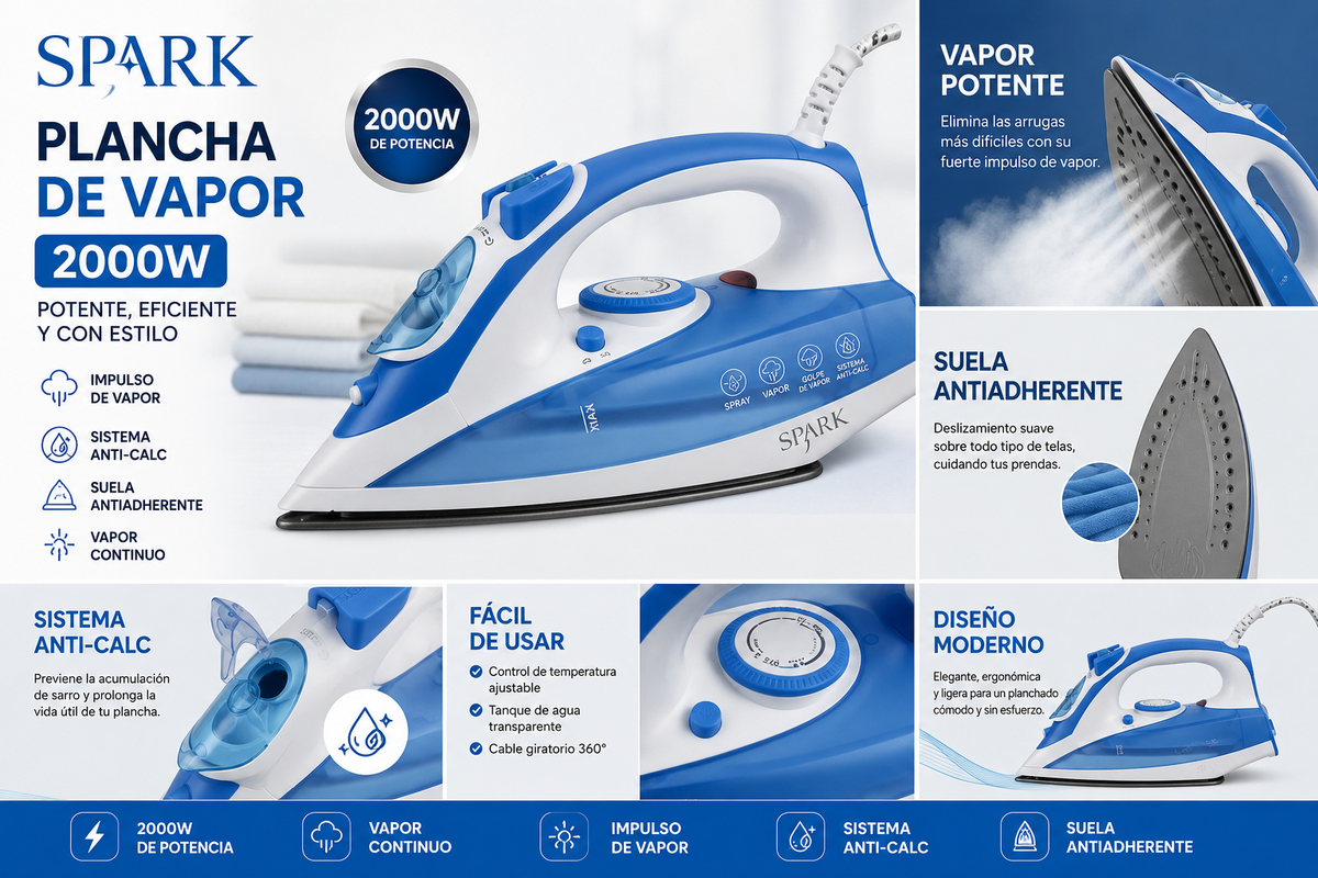 Plancha de Vapor SPARK 2000W | Suela Antiadherente | Vapor Vertical | Sistema Anti-Cal | Calentamiento Rápido