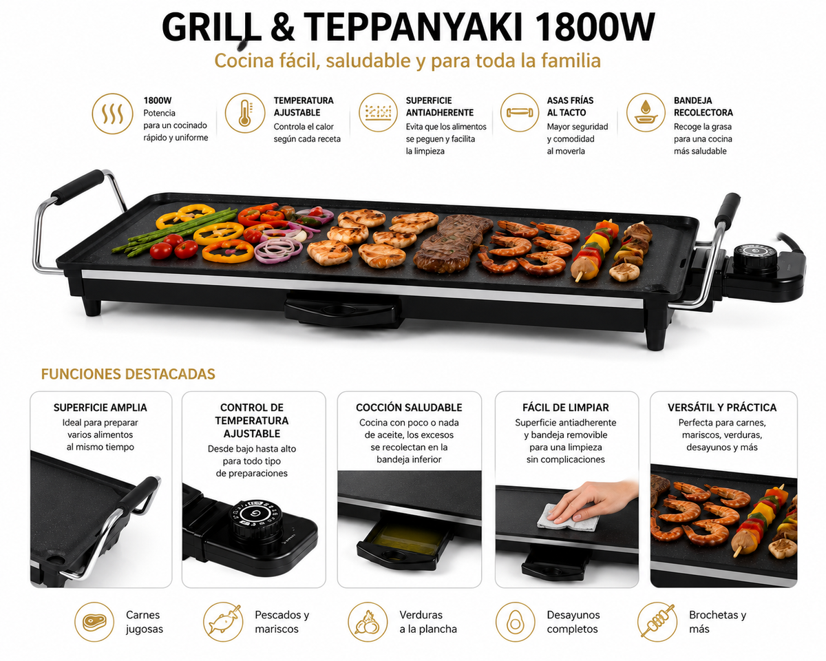 Plancha Grill & Teppanyaki Royal Swiss 1800W | Antiadherente | Disponible en 70 x 23 cm y 90 x 23 cm