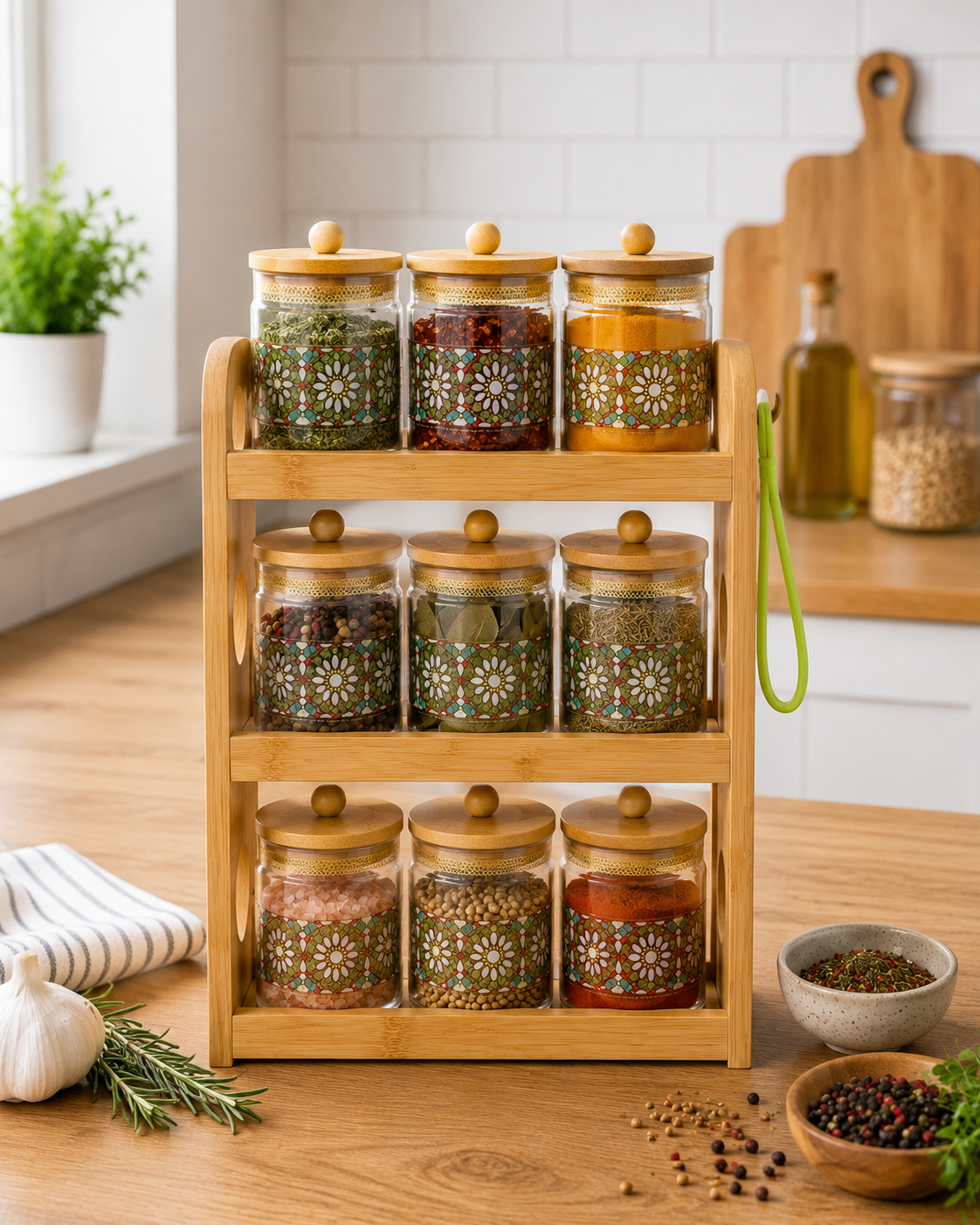 🔥 Set de Especieros Decorativos 9 Piezas | Frascos de Vidrio con Tapas de Bambú y Soporte Incluido 🔥  La combinación perfecta de organización, elegancia y funcionalidad para mantener tu cocina siempre impecable. 🌿✨🏡