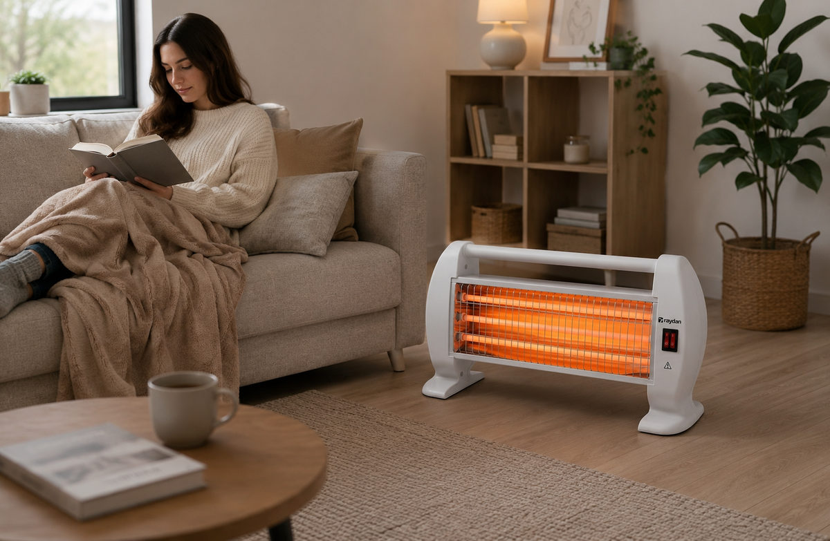 Estufa de Cuarzo Raydan 1200W – 3 Niveles de Calor, Rejilla de Seguridad y 3 Años de Garantía