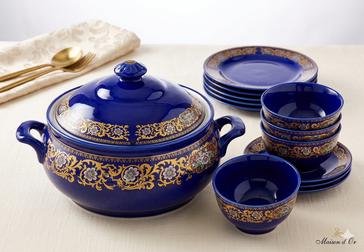 Elegante Juego de Vajilla de Cerámica Azul Real