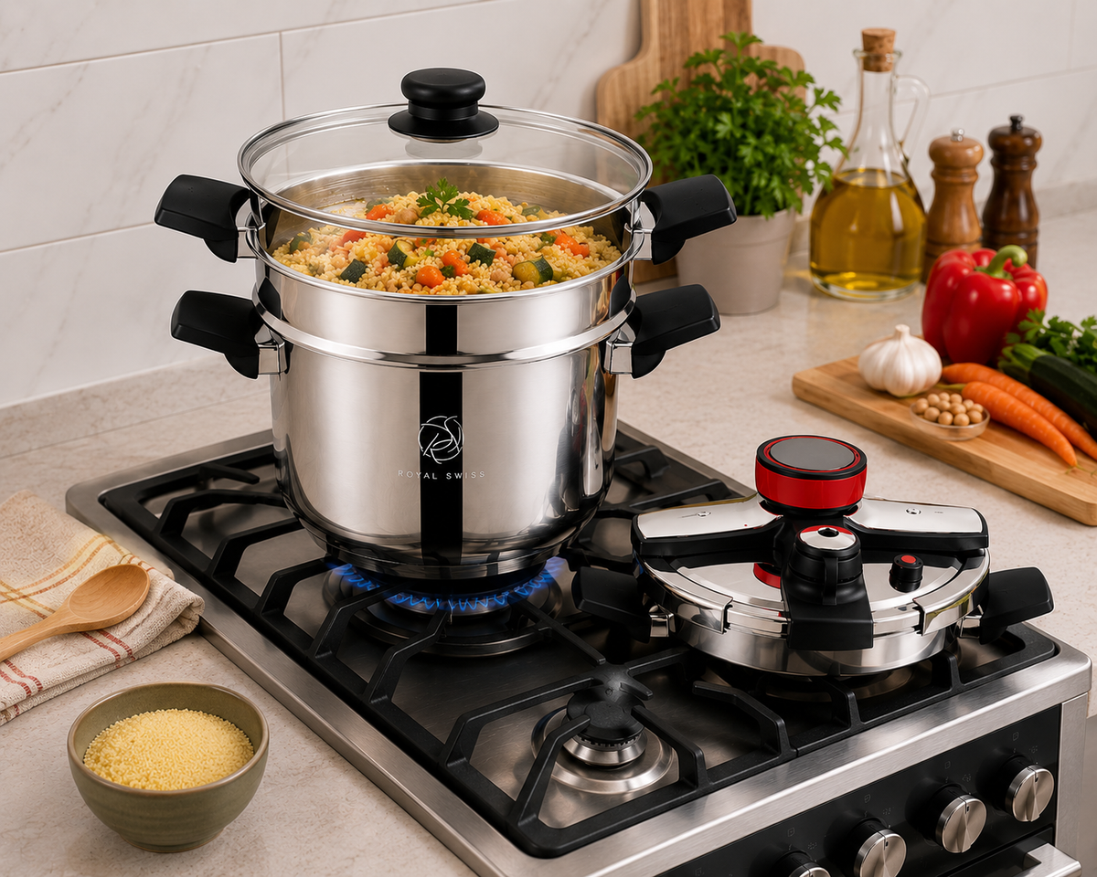 Olla a Presión MR kitchen automática de Acero Inoxidable para Inducción y Gas Incluye Cesta Vaporera y Tapa de Cristal Segura y de Bajo Consumo