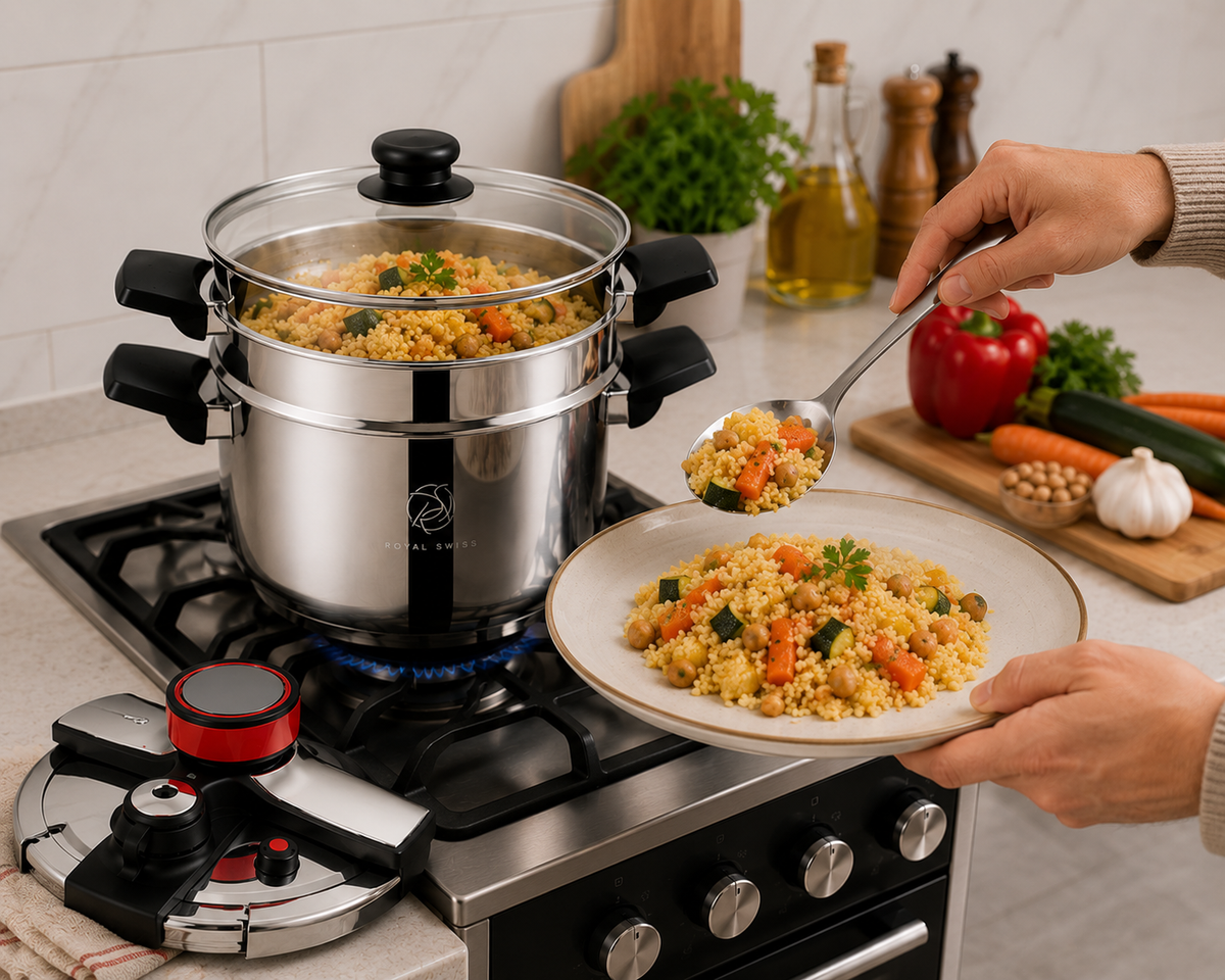 Olla a Presión MR kitchen automática de Acero Inoxidable para Inducción y Gas Incluye Cesta Vaporera y Tapa de Cristal Segura y de Bajo Consumo