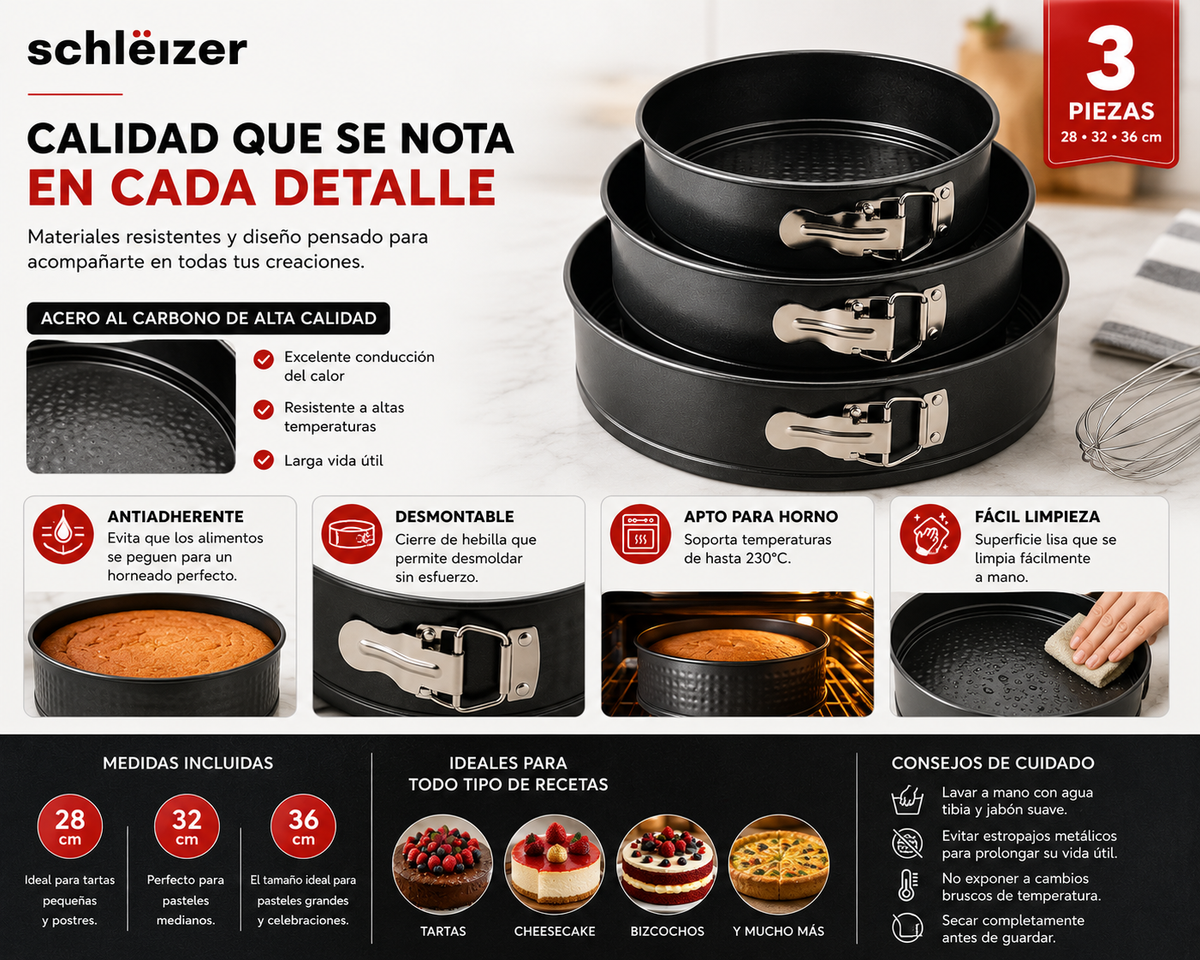 Pack de 3 Moldes Redondos Desmontables para Horno Antiadherentes | Acero al Carbono de Alta Calidad | 28, 32 y 36 cm | Repostería Profesiona