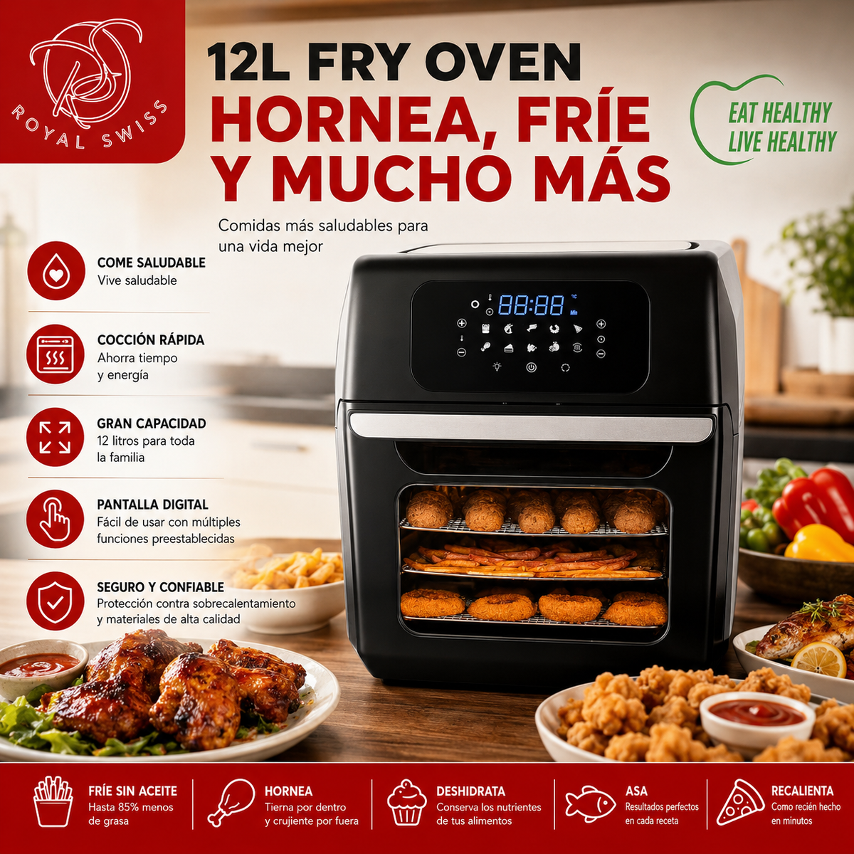 Freidora de Aire Horno 12 Litros Royal Swiss | 1800W | Pantalla Táctil Digital | Multifunción | Gran Capacidad | Bajo Consumo de Aceite