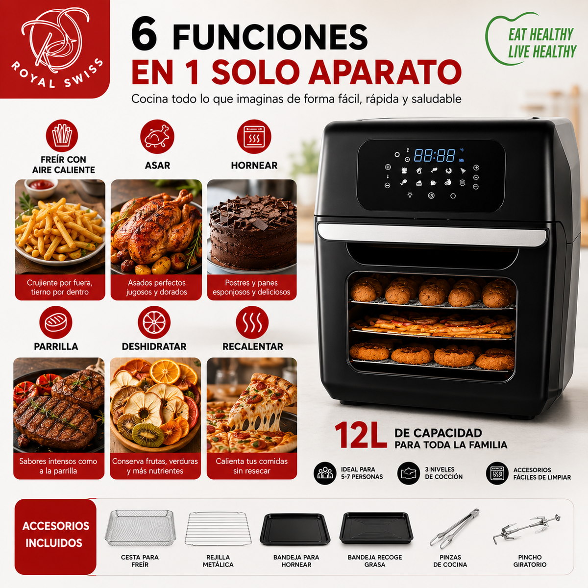 Freidora de Aire Horno 12 Litros Royal Swiss | 1800W | Pantalla Táctil Digital | Multifunción | Gran Capacidad | Bajo Consumo de Aceite